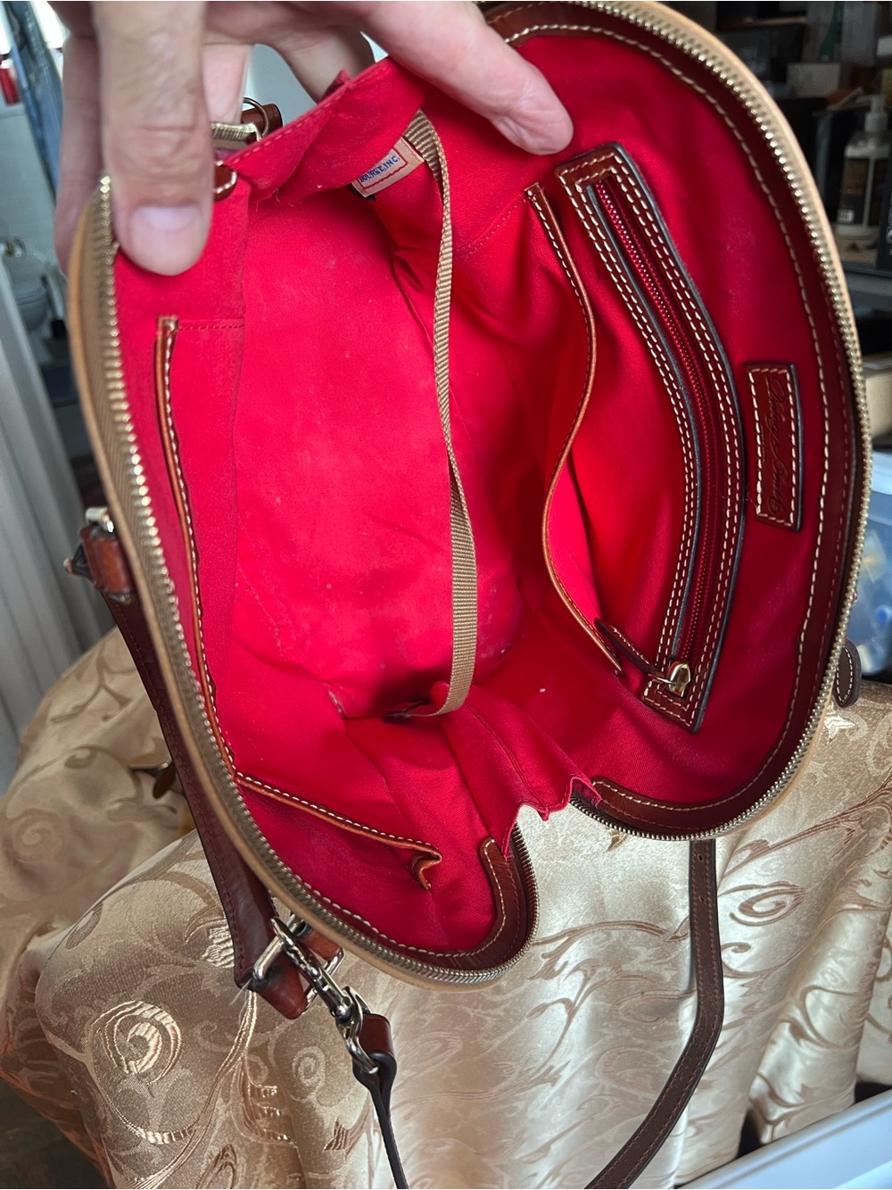Dooney & Bourke Tan Pebble Leather Satchel crossbody with Brown Trim long strap - Picture 14 of 16